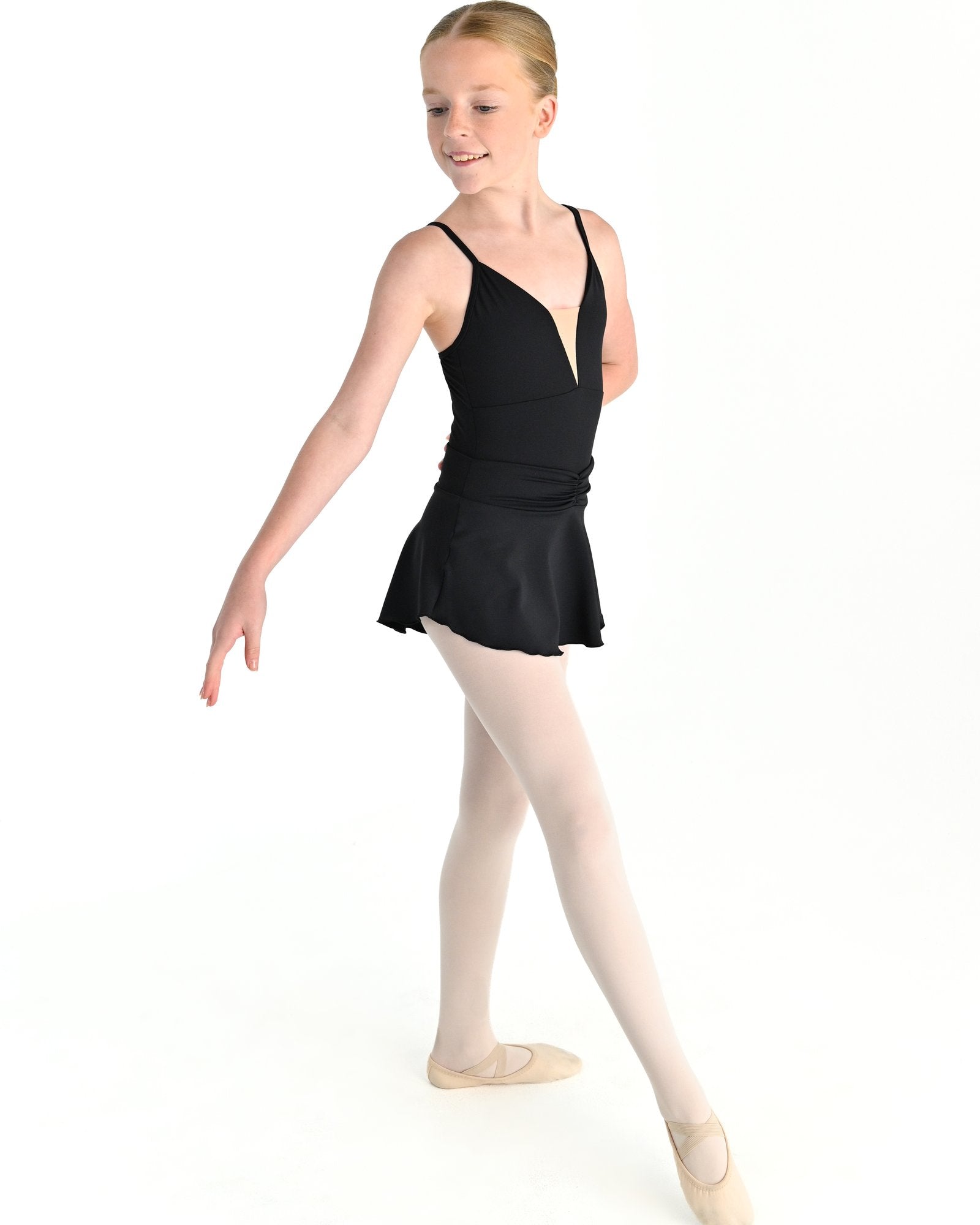 Young dancer wearing the Prima high low pull on ballet skirt in Black
