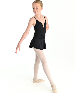 Young dancer wearing the Prima high low pull on ballet skirt in Black
