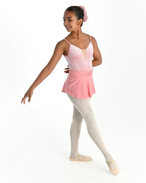 Young dancer wearing the Prima high low pull on ballet skirt in Blush