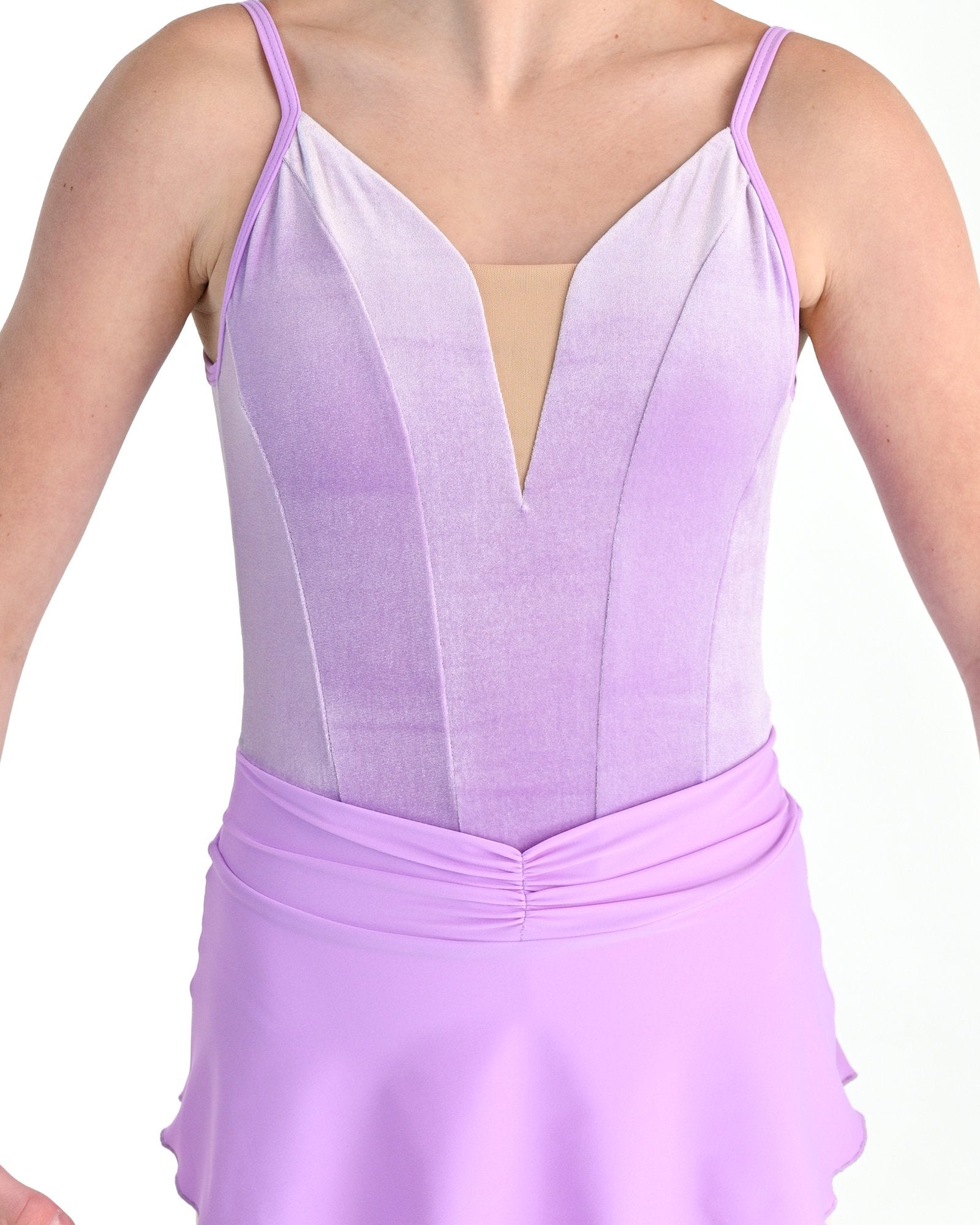 Young dancer wearing the Prima high low pull on ballet skirt in Wisteria, alternate view