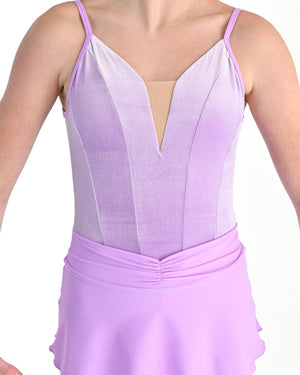 Young dancer wearing the Prima high low pull on ballet skirt in Wisteria, alternate view