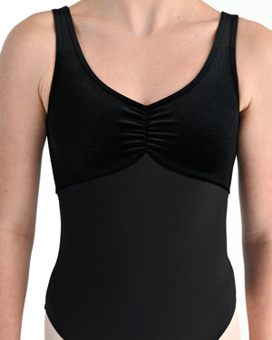 Young dancer wearing the Valentina velvet dance leotard in Black, alternate view
