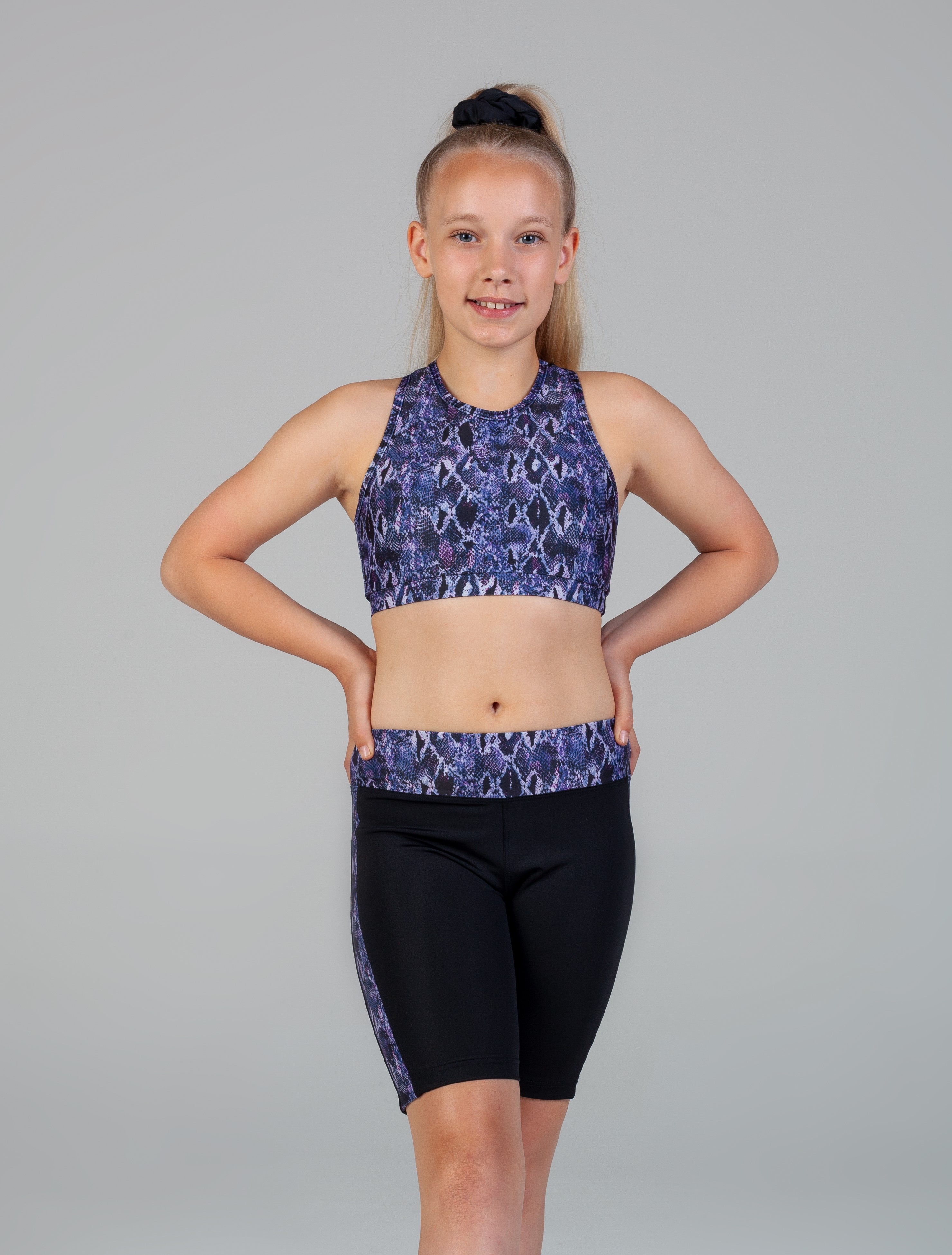 Lucia Wide Waist Band Bike Short Girls - Purple Snake Skin & Black