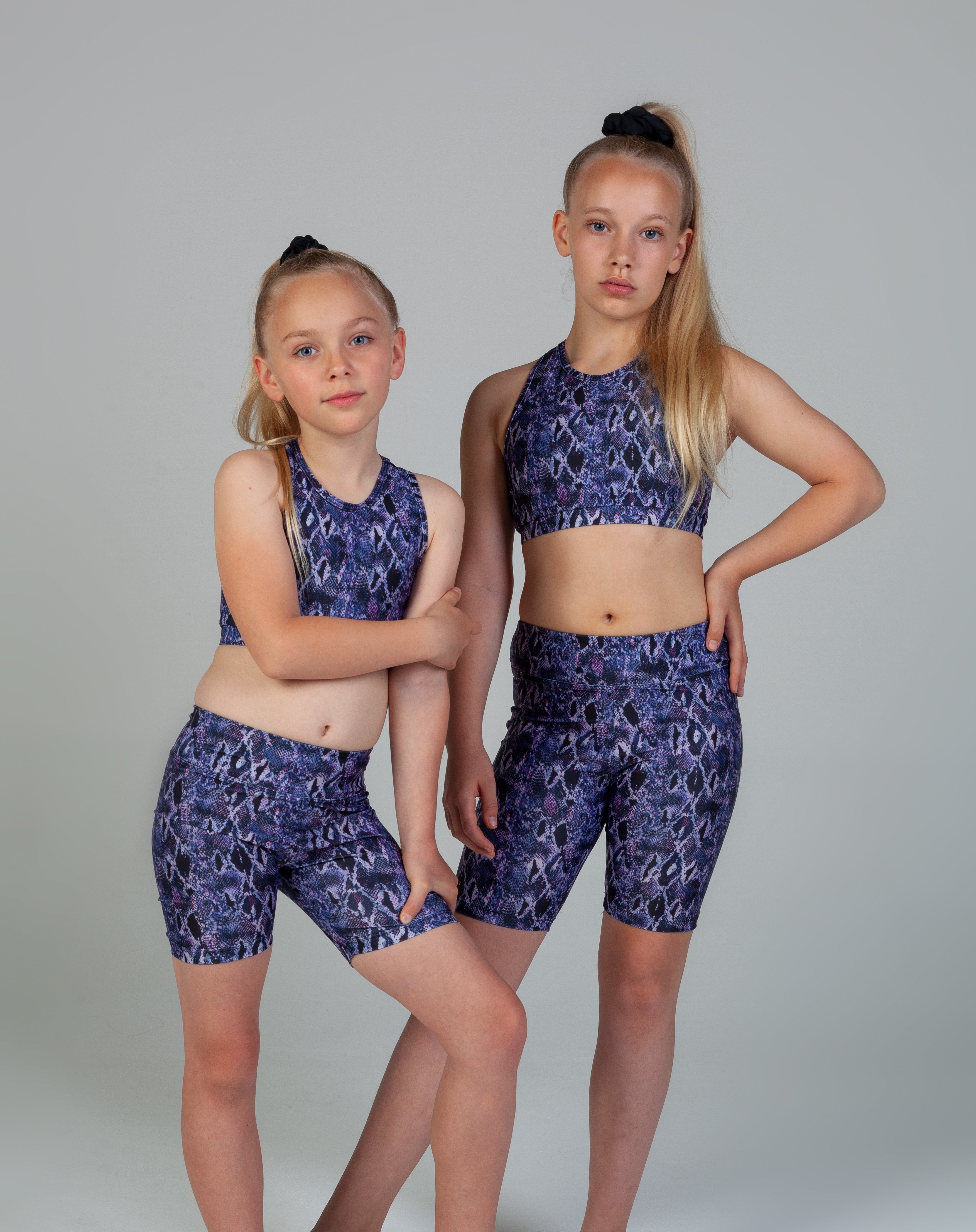 Lucia Wide Waist Band Bike Short Girls- Purple Snake Skin