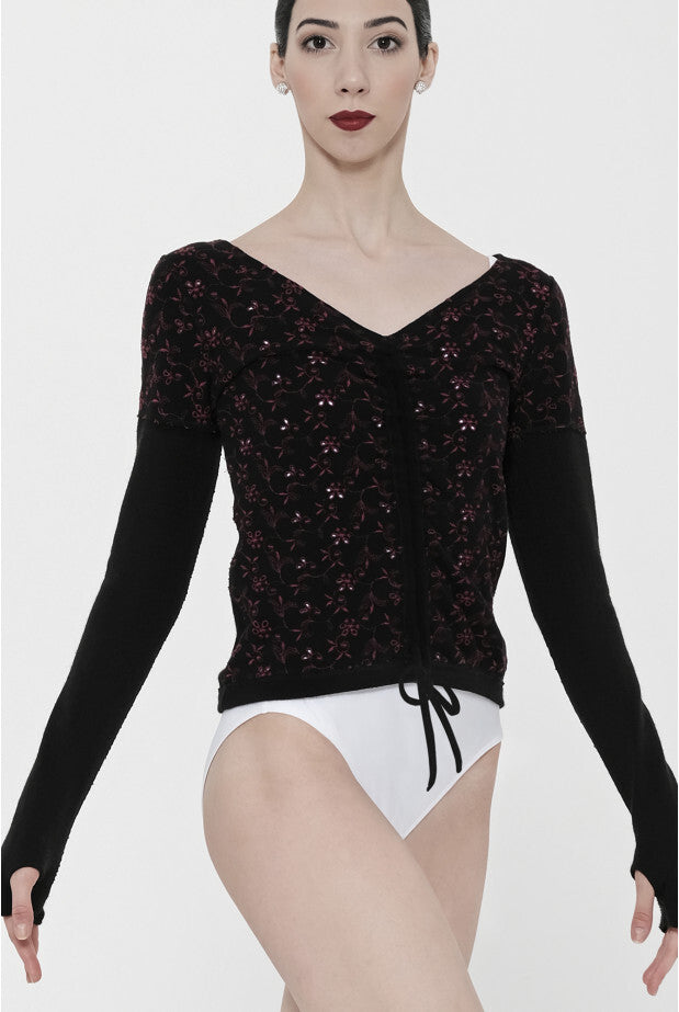 Volupte Long Sleeve Drawstring Gather Sweater Top - Black & Burgundy